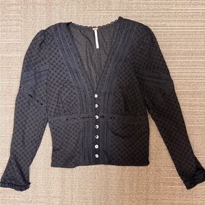 Free People Black Lace Button Down Blouse Sz Extra Small